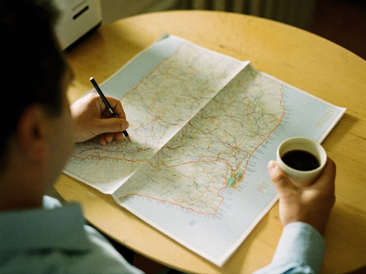 A man at a kitchen table circles a spot on a paper road map with a pencil, coffee in his other hand